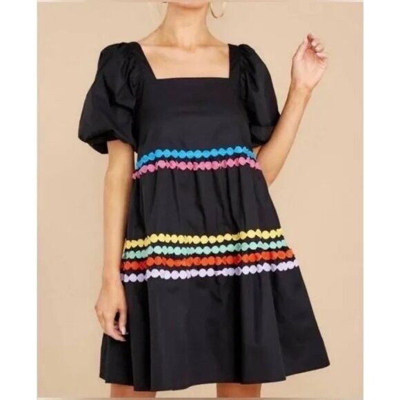 Crosby by Mollie Burch Saylor Black Rainbow Embroidered Puff Square Neck Dress S - Picture 1 of 9